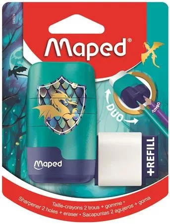 Hegyező és radír, kétlyukú, tartályos, pótradírral, MAPED "Connect Dragon"