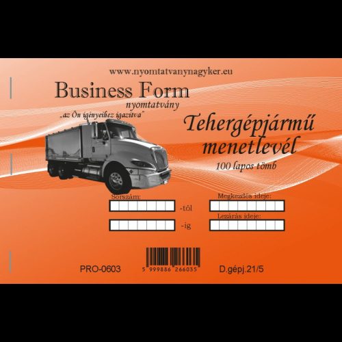 MENETLEVÉL A/5 D.GÉPJ. 21 TEHERGÉPKOCSI BUSINESS,HUNGAROPRINT