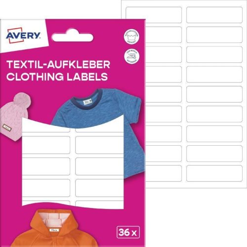 Avery ISKOLAI kézzel írható textil öntapadós 45 mm x 13 mm címkék – fehér, 36DB