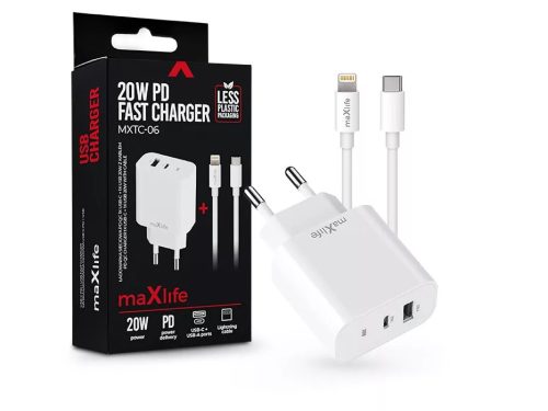 Maxlife MXTC-06 PD+QC 20W hálózati gyorstöltő adapter USB+Type-C+Type-C/Lighting