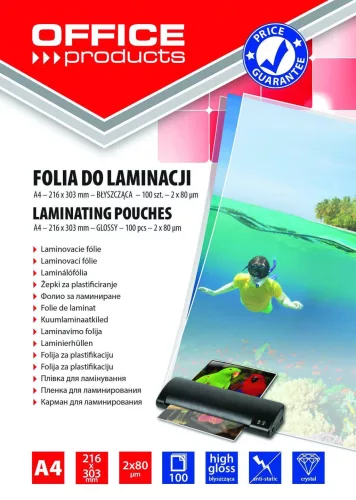 LAMINÁLÓ FÓLIA  A/4 80 MIC OFFICE PRODUCTS 100db/dob