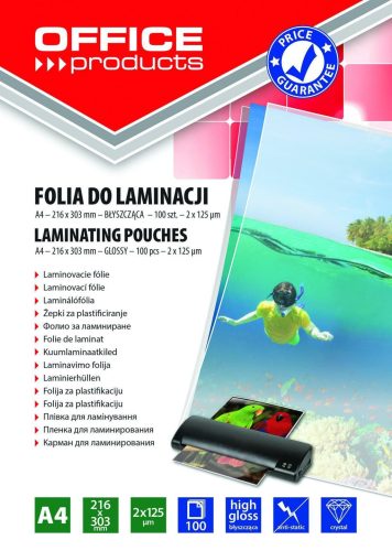 LAMINÁLÓ FÓLIA  A/4 125 MIC OFFICE PRODUCTS 100DB/DOB